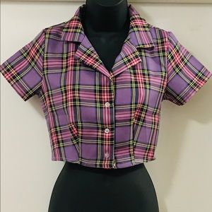Purple Plaid Collared Crop Top